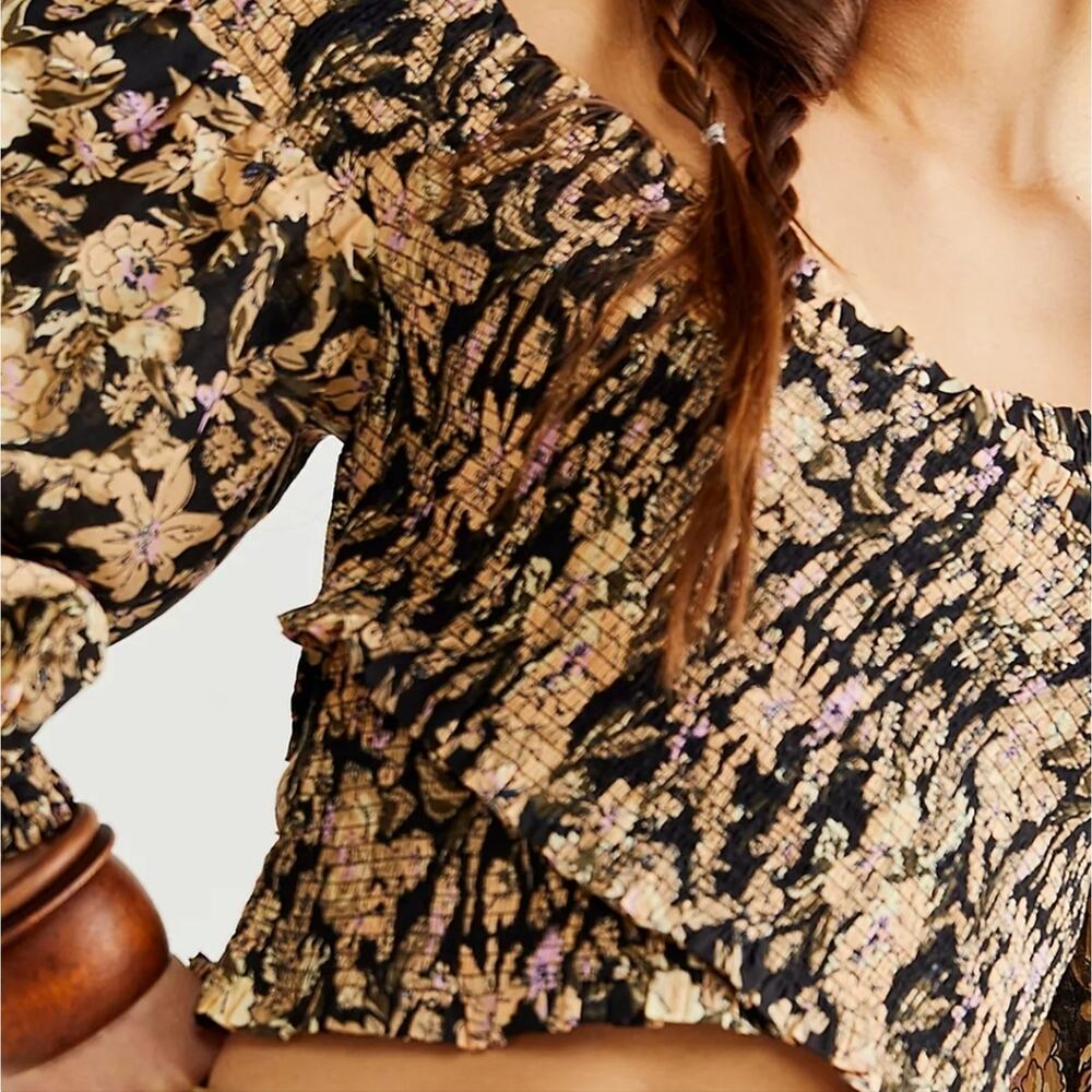 Free People East To West Smocked Off Shoulder Top Black Gold Floral Blouse M FP - Picture 3 of 14